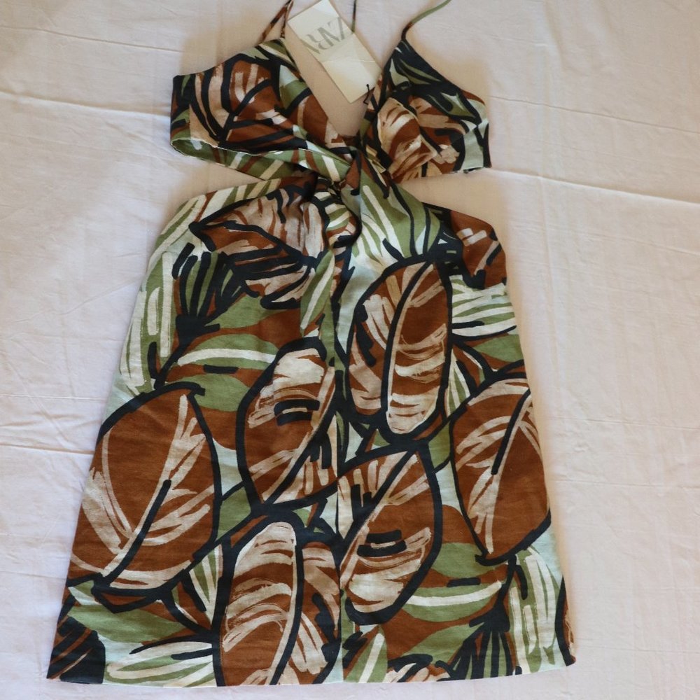 SOLD NWT Zara Side Cutouts Tropical Print Linen Mini Dress S - Picture 2 of 4